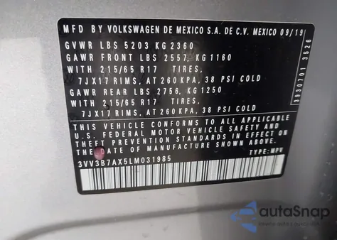 2020 Volkswagen Tiguan 2.0T Se/2.0T Se R-Line Black/2.0T Sel z USA, uszkodzony, nr VIN 3VV3B7AX5LM031985